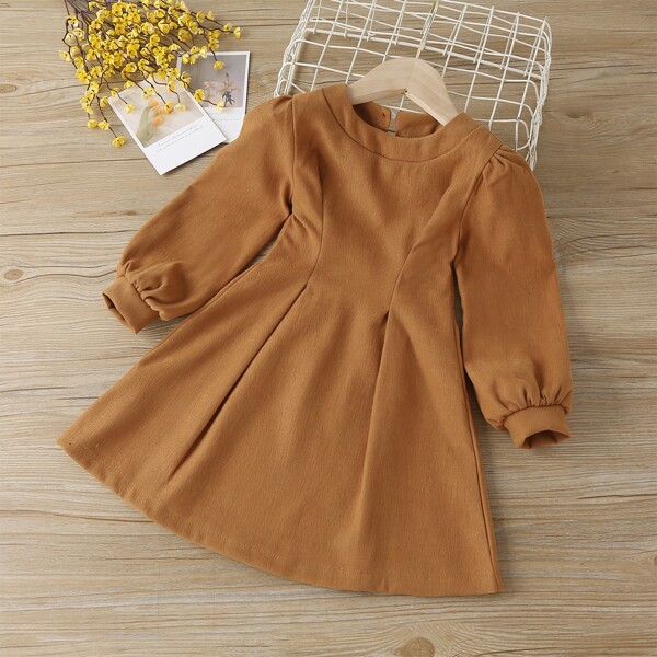 

Toddler Girls Solid Lantern Sleeve Fold Pleated Dress, Brown