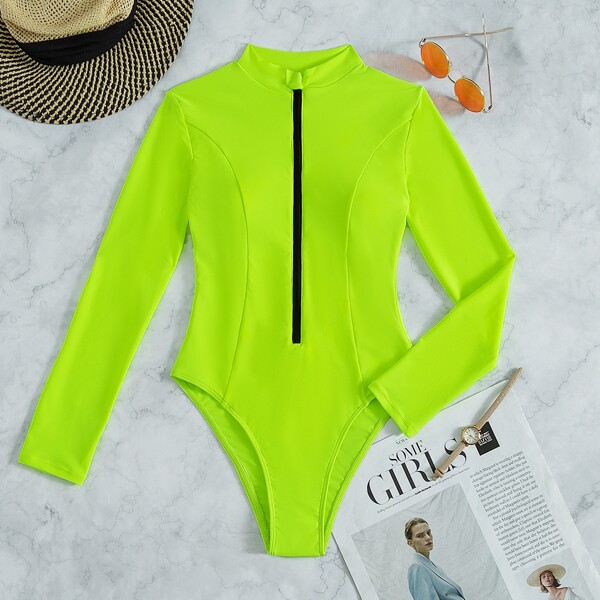 

Zipper Front One Piece Swimsuit, Lime green