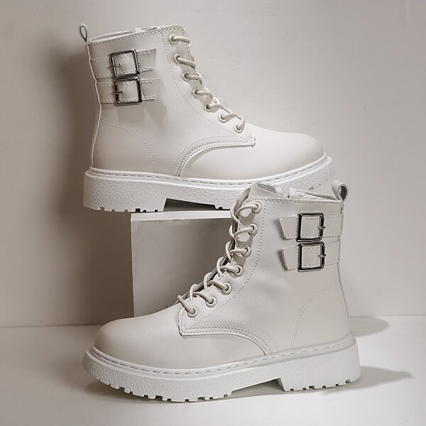 

Buckle Decor Lace-up Front Combat Boots, Beige