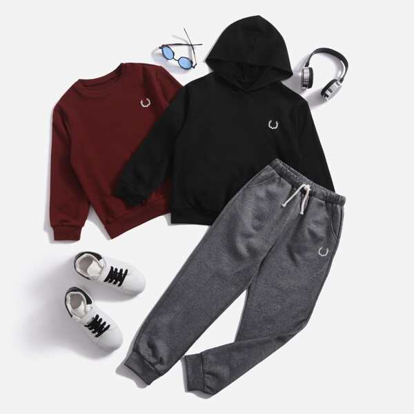 

Boys 3pcs Antler Print Hoodie & Pullover & Drawstring Waist Sweatpants, Multicolor