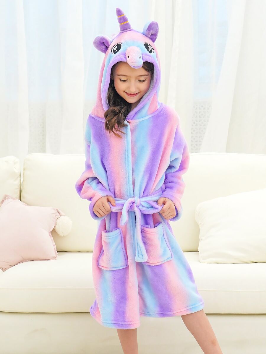 Toddler Girls Tie Dye 3D Ear Hooded Belted Flannel Robe - Multicolor - View 1