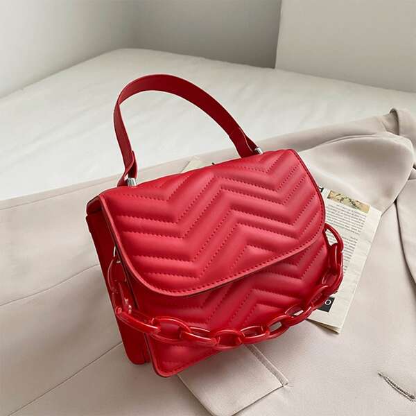 

Quilted Pattern Chain Flap Square Bag, Red