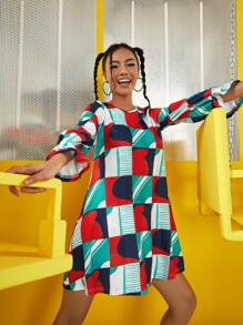 Colour Poetry Geo Print Colour Block Flounce Sleeve Dress - Multicolor - View 1