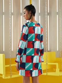 Colour Poetry Geo Print Colour Block Flounce Sleeve Dress - Multicolor - View 2