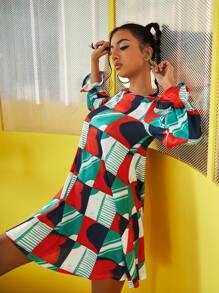 Colour Poetry Geo Print Colour Block Flounce Sleeve Dress - Multicolor - View 3