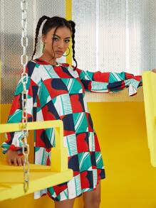Colour Poetry Geo Print Colour Block Flounce Sleeve Dress - Multicolor - View 4