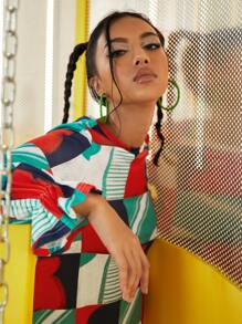 Colour Poetry Geo Print Colour Block Flounce Sleeve Dress - Multicolor - View 5