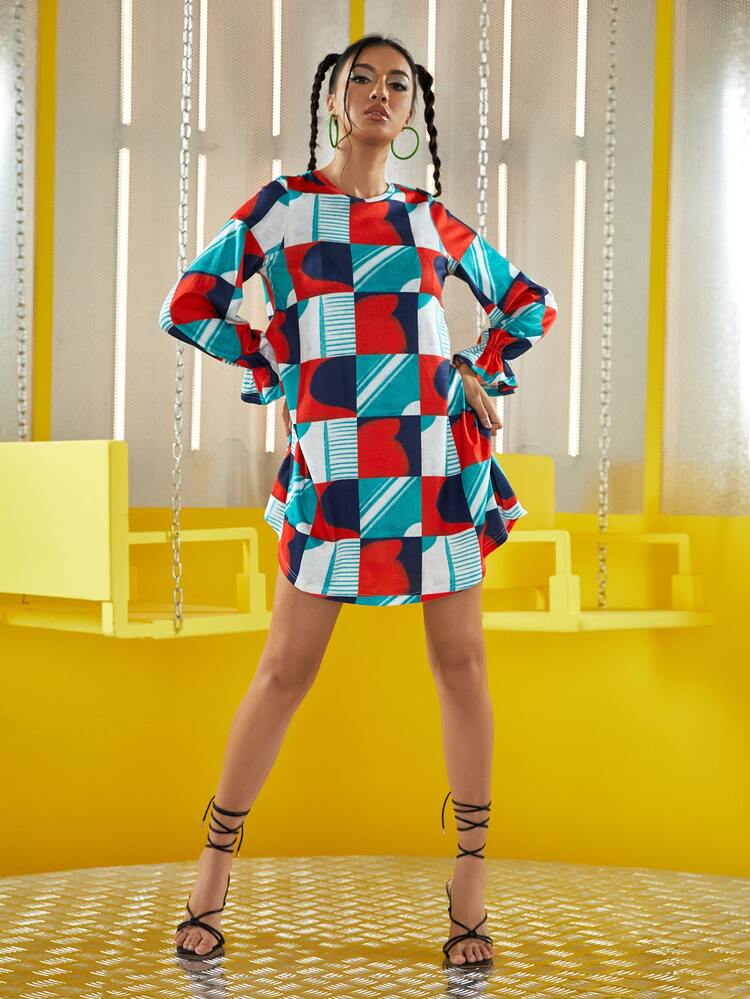 Colour Poetry 幾何印花撞色荷葉袖連衣裙 - 彩色 - 查看 6