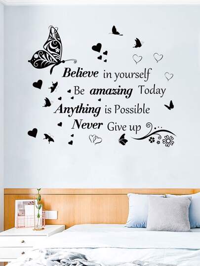 1pc Self-Adhesive Wall Sticker, Butterfly & Heart Print Waterproof Wall Decal For Bedroom, Living Room Decor, Stickers, Wall Decal, Vinyl Decal For Home Decorations, Spring Decoration Items Refresh Your Home, Festival Decoration Stickers Gifts Birthday Graduation