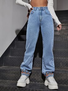 SHEIN ICON 火圖案闊腿牛仔褲 - 中等水洗藍 - 查看 3