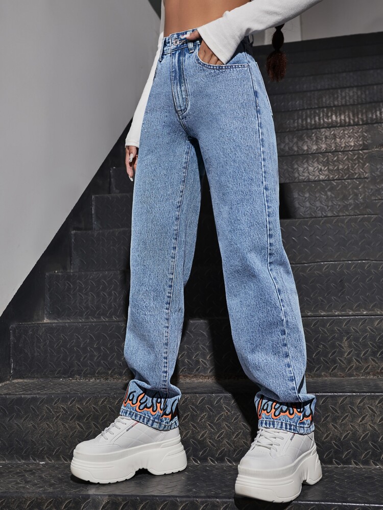 SHEIN ICON 火圖案闊腿牛仔褲 - 中等水洗藍 - 查看 4