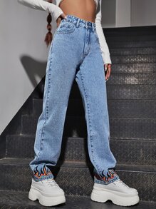 SHEIN ICON 火圖案闊腿牛仔褲 - 中等水洗藍 - 查看 5