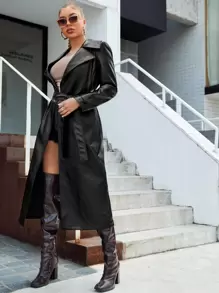 SHEIN x Carly Lawrence SHEIN BAE 秋冬翻领系带PU皮革长款大衣