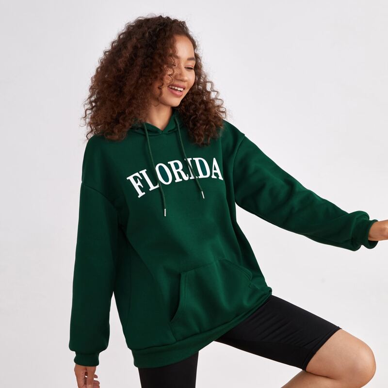 

Letter Pocket Drawstring Hoodie, Dark green