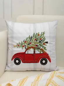 Christmas Tree & Car Embroidery Cushion Cover Without Filler - Multicolor - View 1