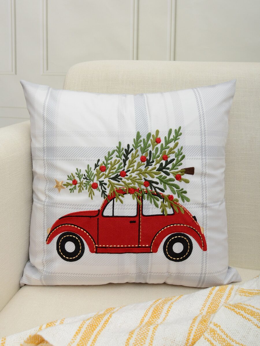 Christmas Tree & Car Embroidery Cushion Cover Without Filler - Multicolor - View 1