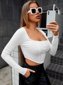 EURMUSE 方領不對稱下擺短款T恤 - 米色 - 查看 4