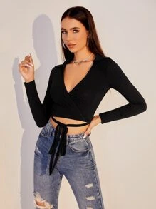 SHEIN Wrap Tie Front Crop Top - Black - View 4