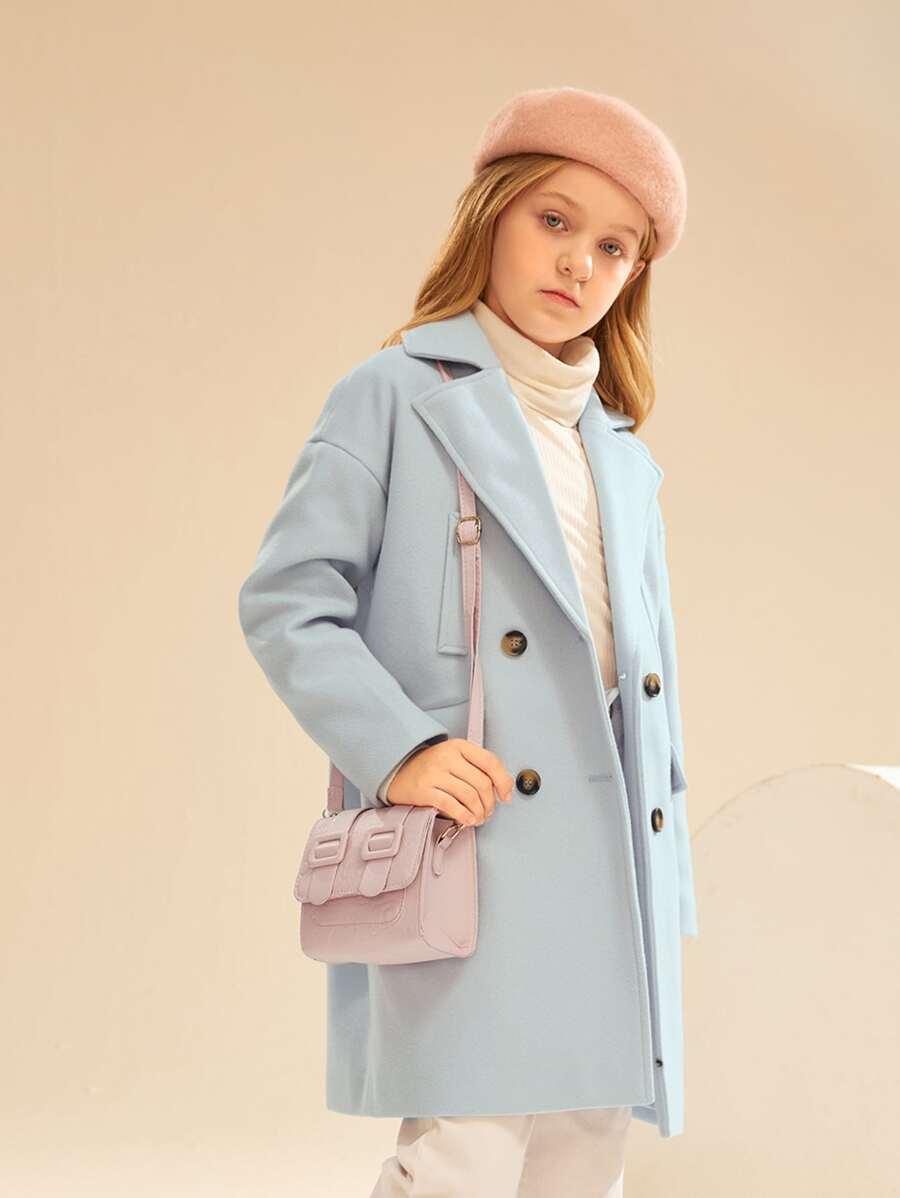 SHEIN Girls Lapel Neck Drop Shoulder Double Breasted Overcoat - Baby Blue - View 1