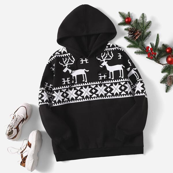 

Plus Christmas Elk & Geo Print Drawstring Thermal Hoodie, Black and white