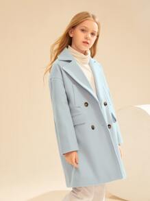 SHEIN Girls Lapel Neck Drop Shoulder Double Breasted Overcoat - Baby Blue - View 3