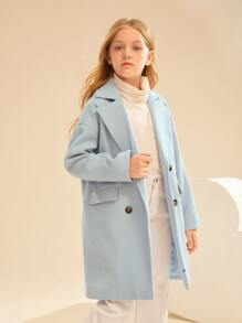 SHEIN Girls Lapel Neck Drop Shoulder Double Breasted Overcoat - Baby Blue - View 4