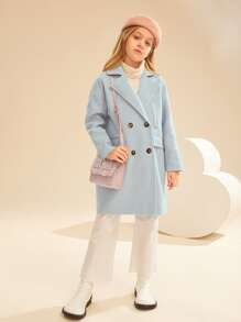 SHEIN Girls Lapel Neck Drop Shoulder Double Breasted Overcoat - Baby Blue - View 5