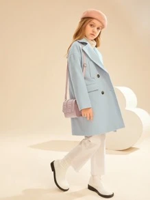 SHEIN Girls Lapel Neck Drop Shoulder Double Breasted Overcoat - Baby Blue - View 7