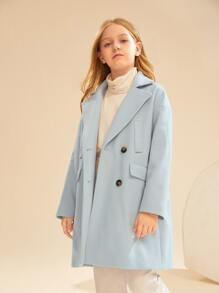 SHEIN Girls Lapel Neck Drop Shoulder Double Breasted Overcoat - Baby Blue - View 8