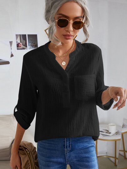 SHEIN LUNE Roll Tab Sleeve Patched Pocket Blouse