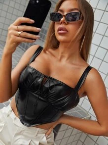 SHEIN 打結細節不對稱下擺露背PU皮革背心上衣 - 黑色 - 查看 1