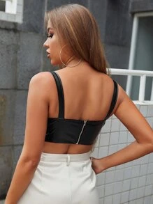 SHEIN 打結細節不對稱下擺露背PU皮革背心上衣 - 黑色 - 查看 2