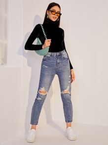 SHEIN EZwear High Neck Solid Velvet Tee