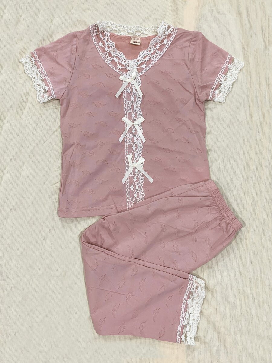 Niñitas Conjunto de pijama panel con encaje en contraste - Rosa vieja - Ver 1