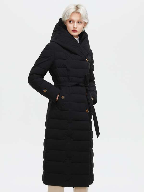  ZIAI Women's Two Layer Woven Fabric Button Quilted Coat Belted Slim Thick Coats Long Hooded Winter Clothes For Women Stylish For Vacation