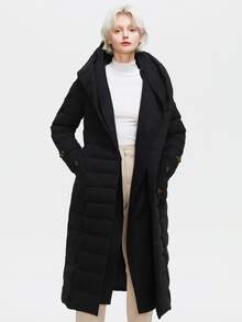 Áo khoác chần bông hai lớp bằng vải dệt ZIAI dành cho nữ, có thắt lưng, áo khoác dày, dáng dài, có mũ trùm đầu, quần áo mùa đông cho nữ, hợp thời trang khi đi nghỉ - màu đen - Xem 6