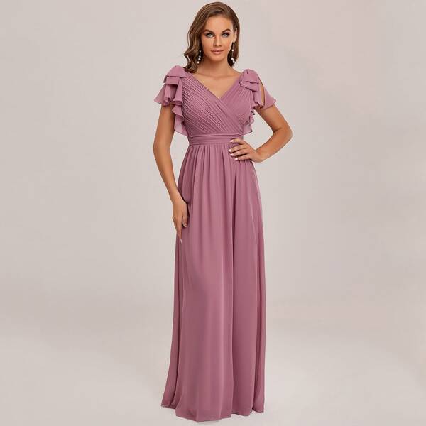 

Plisse Surplice Neck Bow Shoulder Chiffon Bridesmaid Prom Dress, Dusty pink