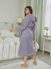 Double Pocket 3D Ear Hooded Flannel Belted Bathrobe, Fluffy, Winter, Cozy - Lilac Purple - View 2