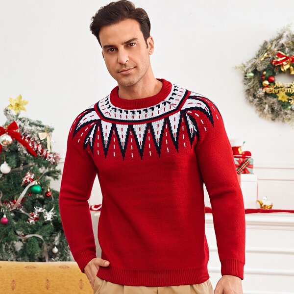 

Men Geo Pattern Raglan Sleeve Sweater, Red