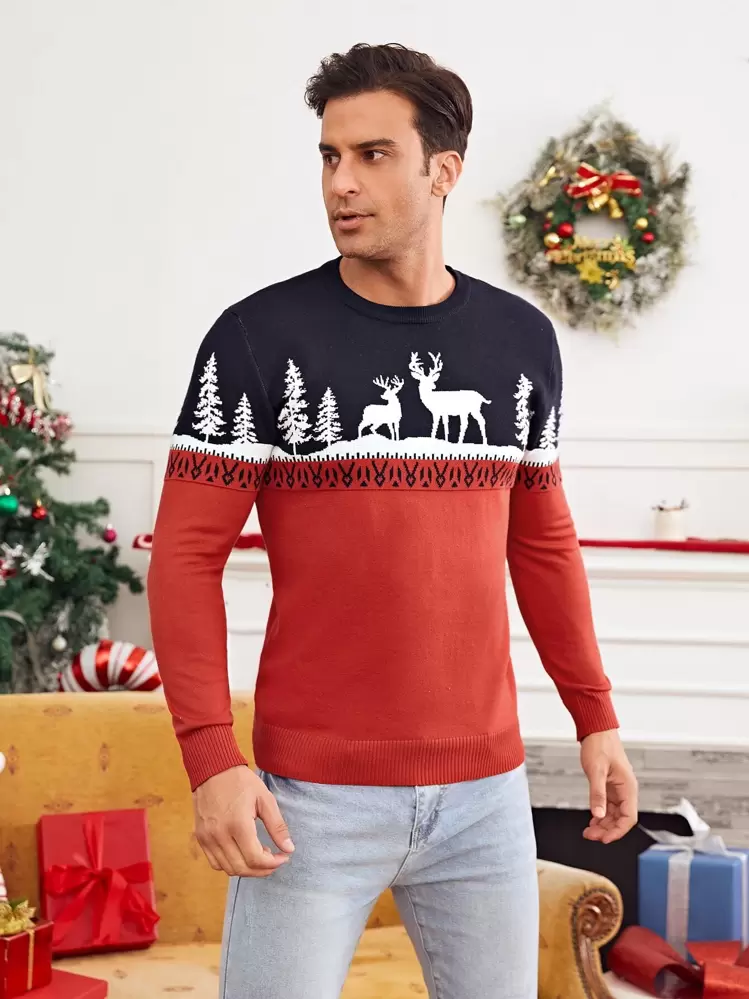 Manfinity Homme Men Christmas Elk & Tree Pattern Color Block