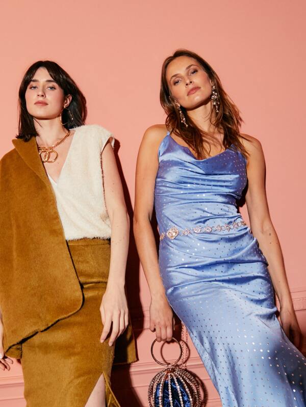 SHEIN BAE Polka Dot Draped Collar Slit Thigh Crisscross Backless Satin Cami Dress