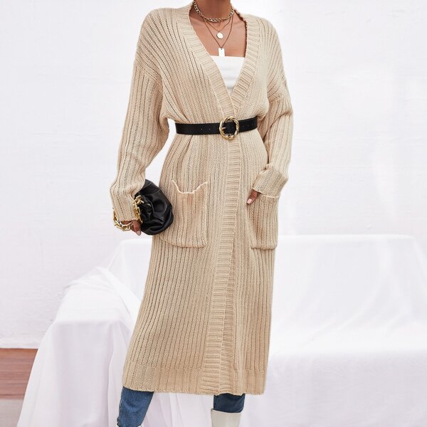 

Drop Shoulder Patch Pocket Cardigan Without Belt, Khaki
