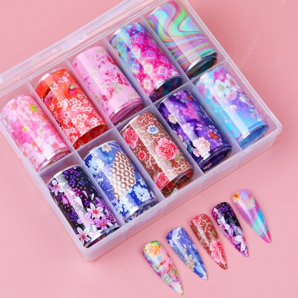 

10rolls Flower Print Nail Transfer Sticker, Multicolor