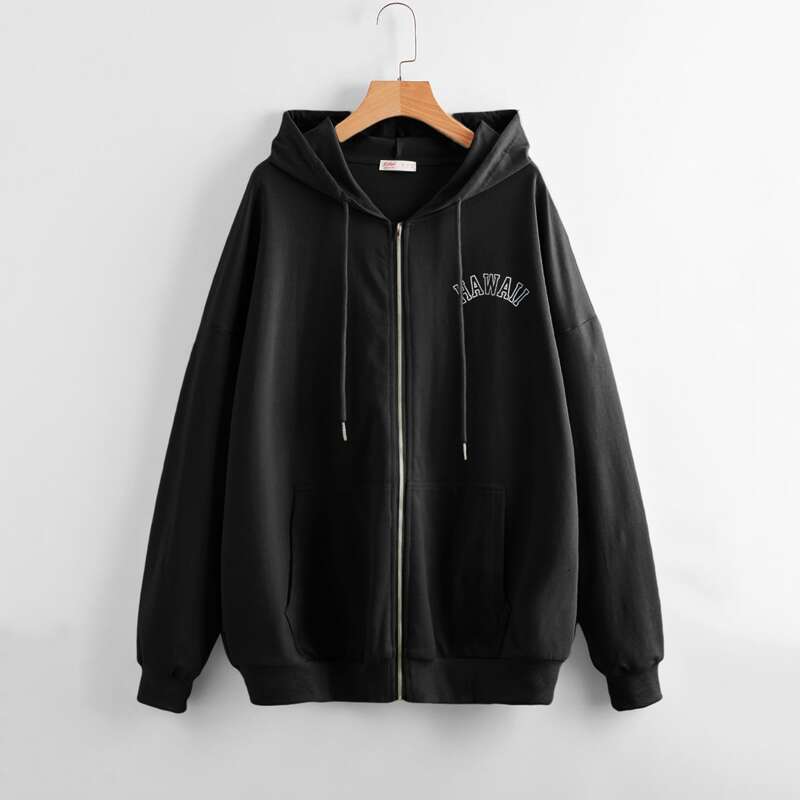 

Letter Zip Up Pocket Drawstring Hoodie, Black