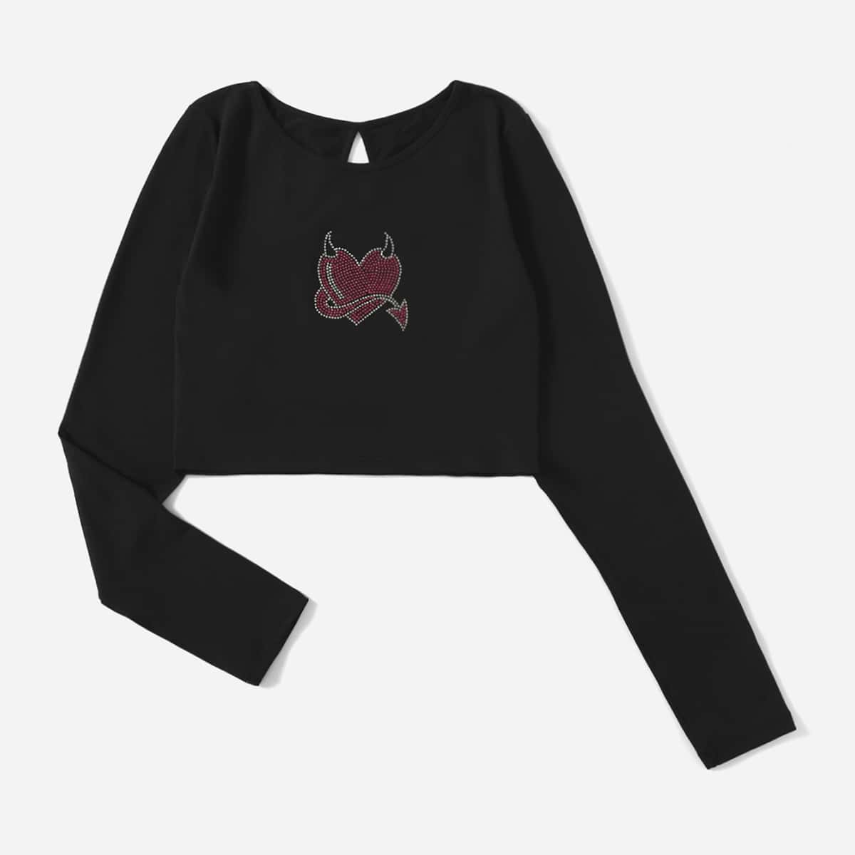 

Heart Rhinestone Crop Tee, Black
