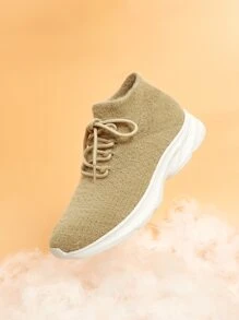 Knit Detail Lace Up Design Sneakers - Khaki - View 1
