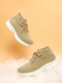 Knit Detail Lace Up Design Sneakers - Khaki - View 2