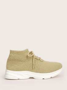 Knit Detail Lace Up Design Sneakers - Khaki - View 3
