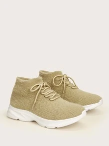 Knit Detail Lace Up Design Sneakers - Khaki - View 5