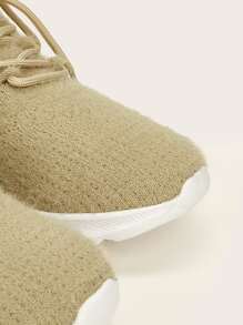 Knit Detail Lace Up Design Sneakers - Khaki - View 4